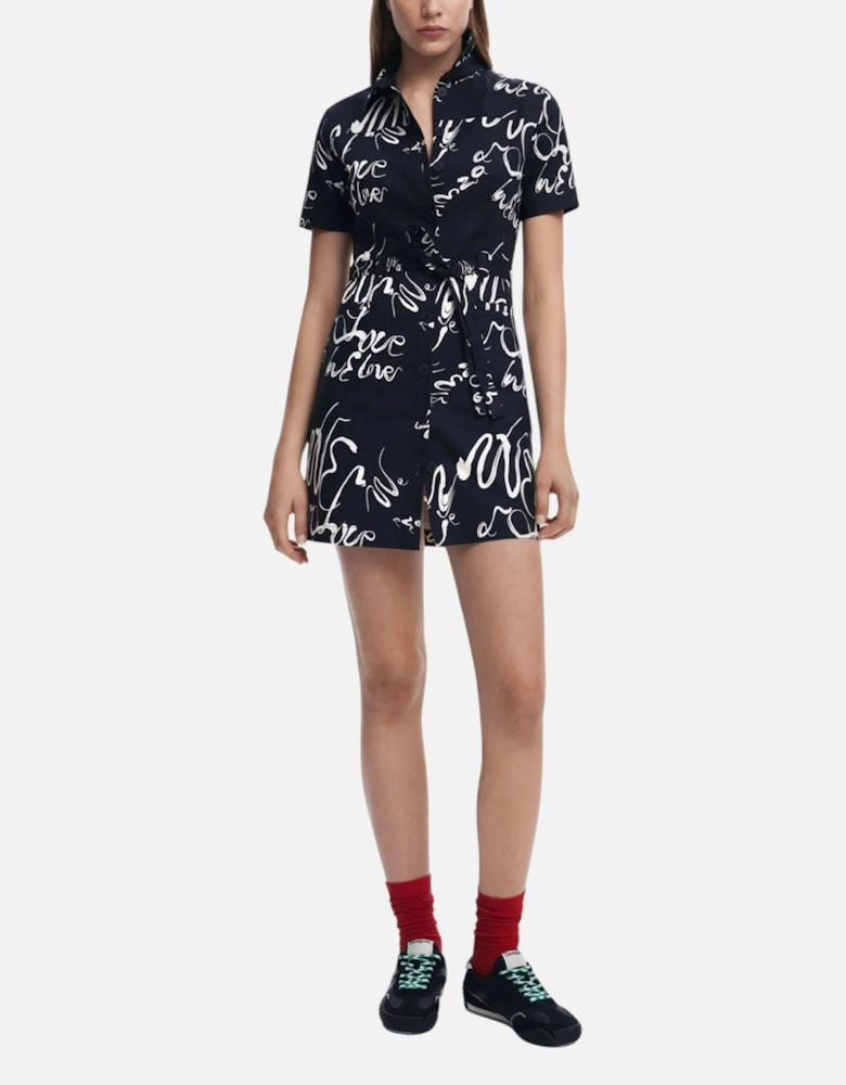 Printed Short Sleeve Boat Neck Dress Women - Black Dresses