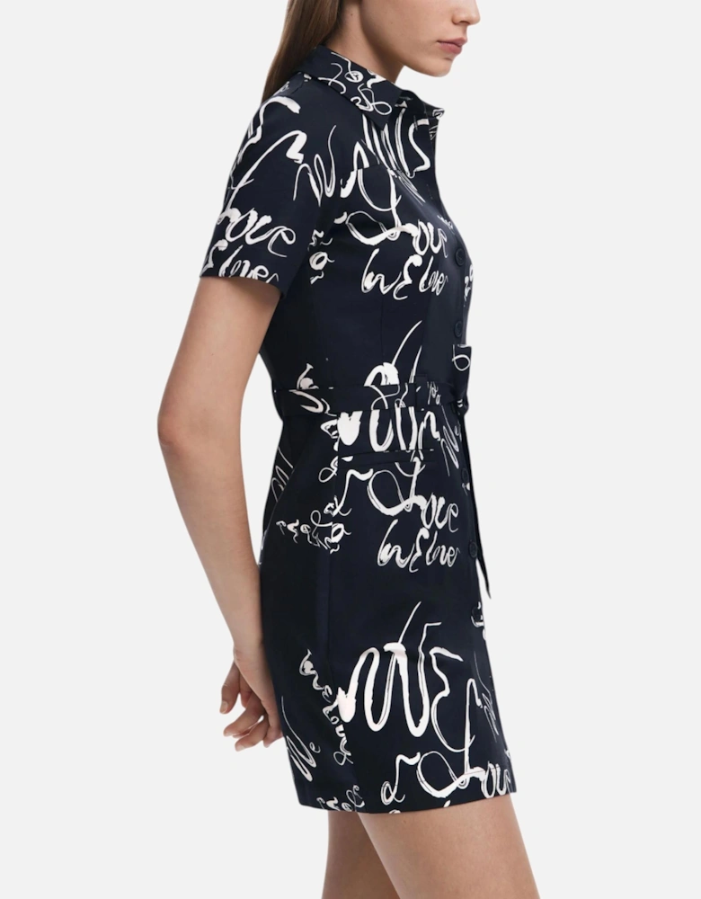 Printed Short Sleeve Boat Neck Dress Women - Black Dresses