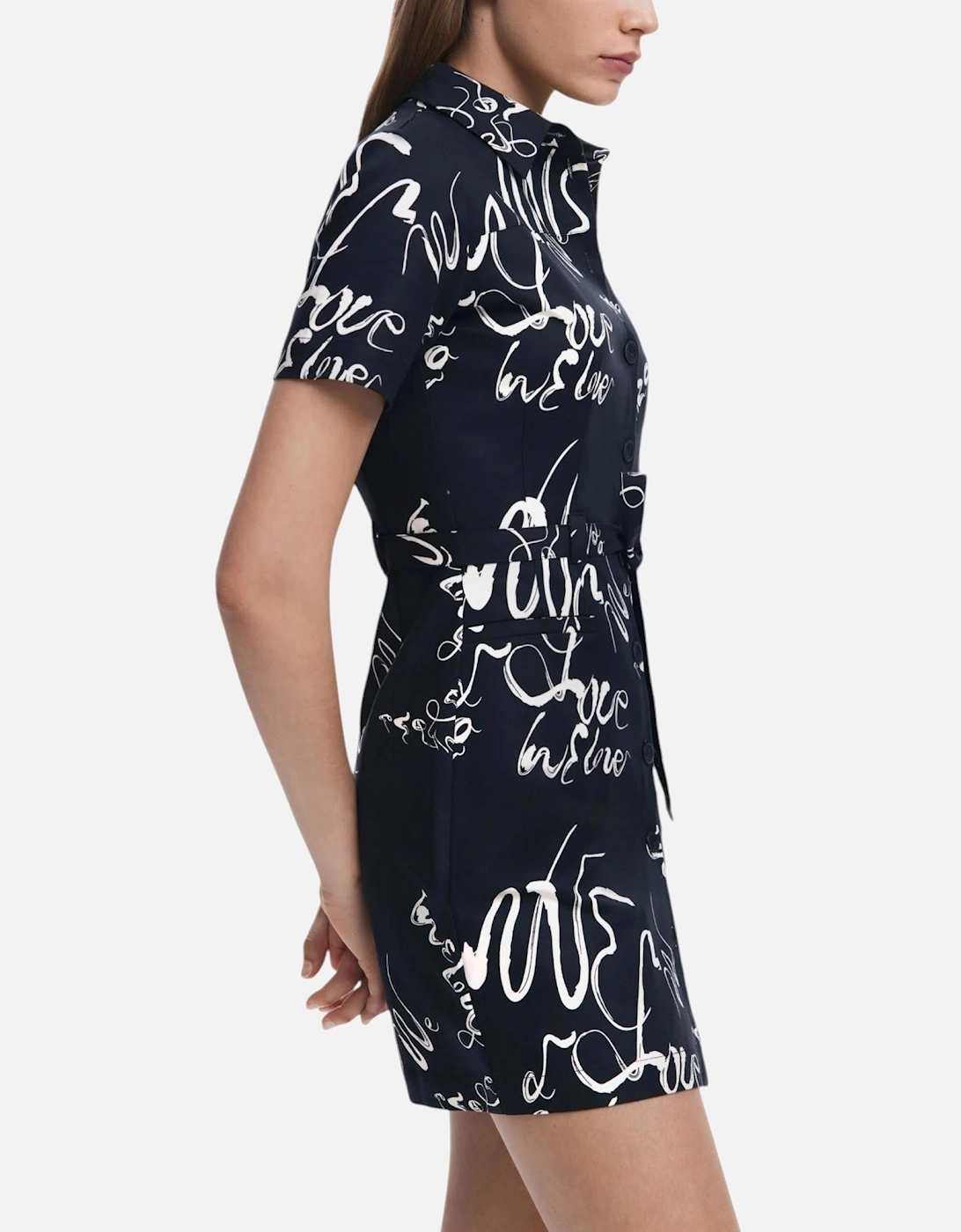 Printed Short Sleeve Boat Neck Dress Women - Black Dresses