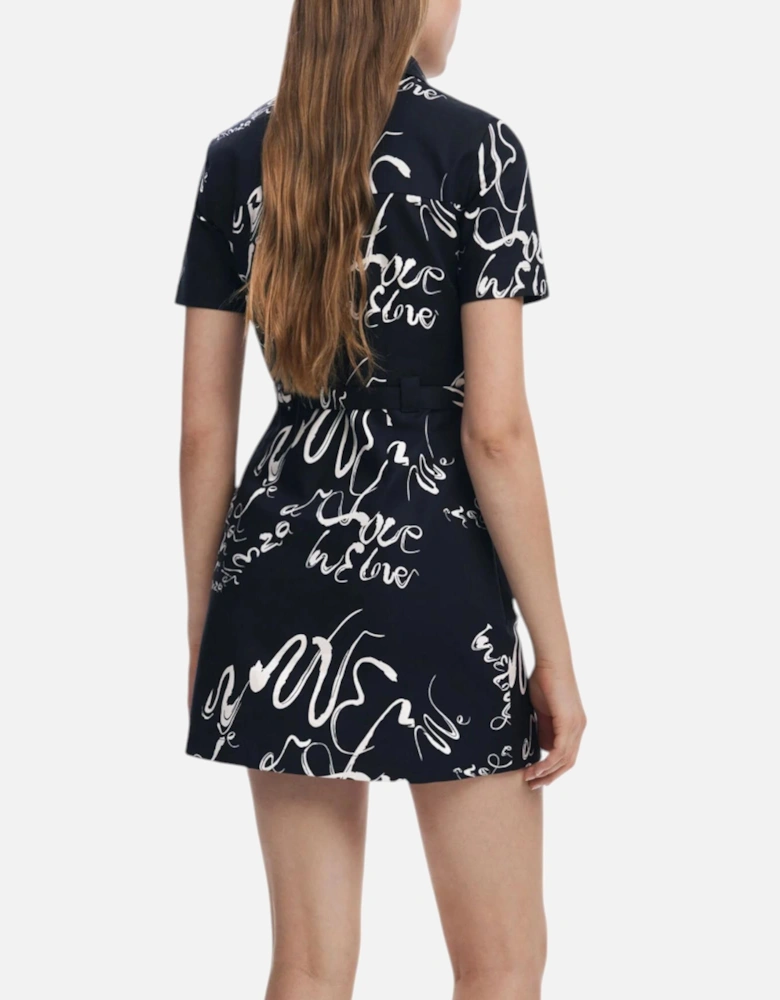 Printed Short Sleeve Boat Neck Dress Women - Black Dresses