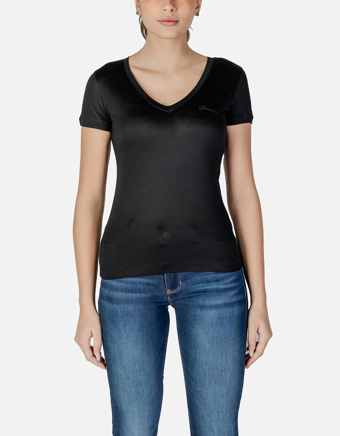 V-Neck Short Sleeve Lyocell Shorts Women - Black Shirts, 4 of 3
