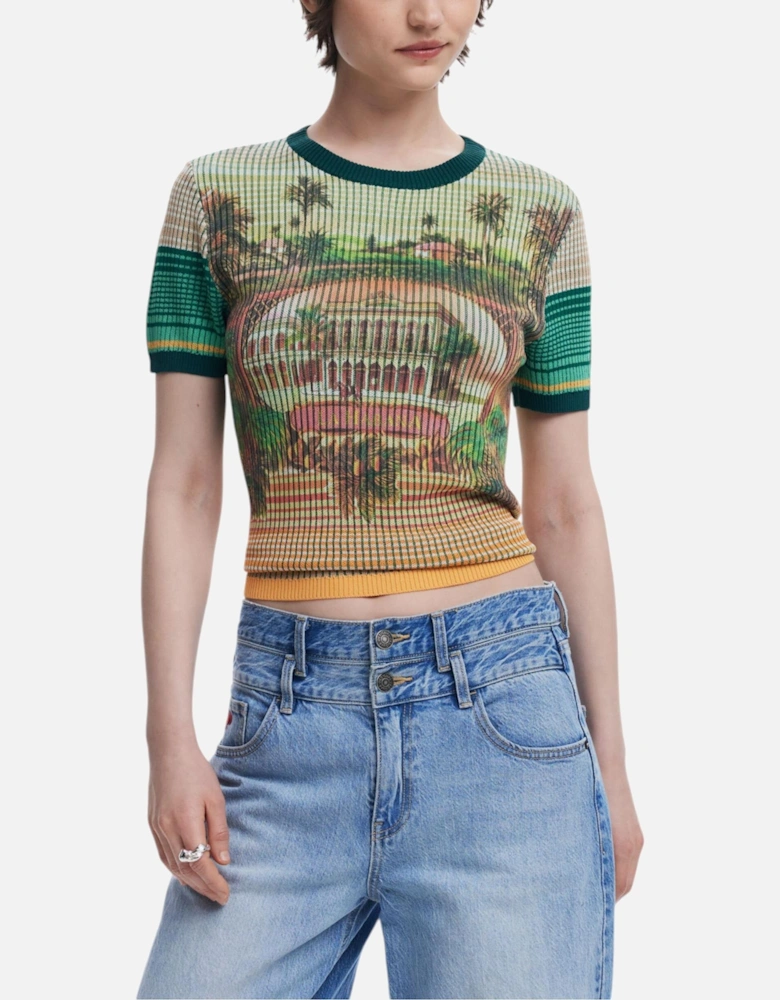 Printed Round Neck Short Sleeve T-shirt Women - Green Shirts