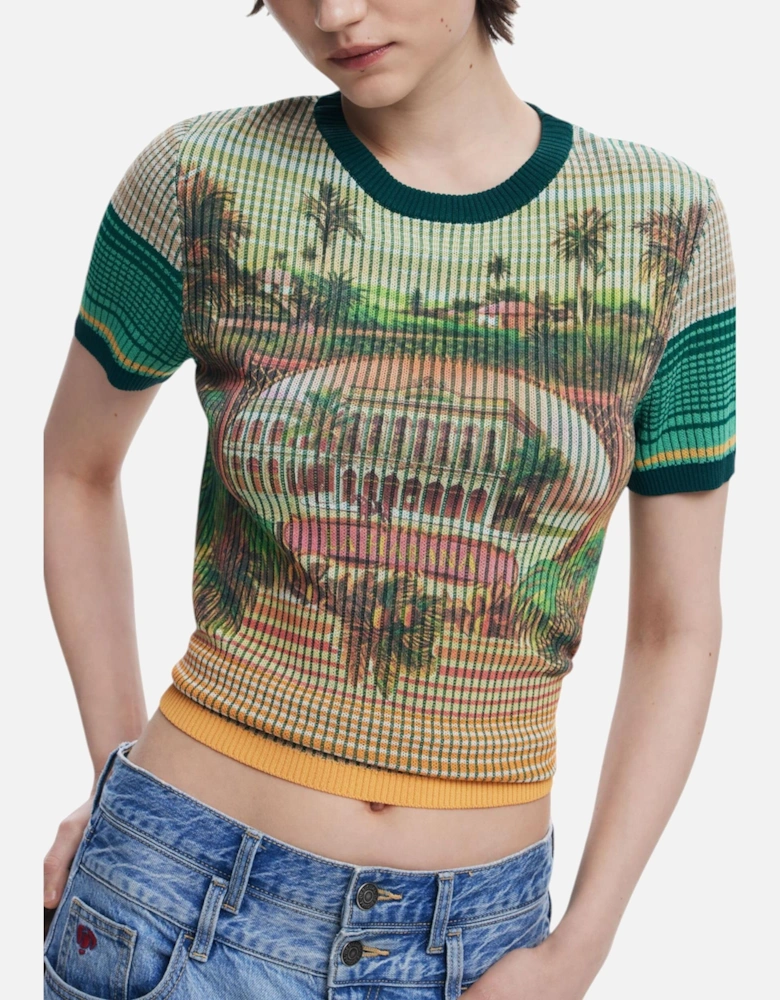 Printed Round Neck Short Sleeve T-shirt Women - Green Shirts