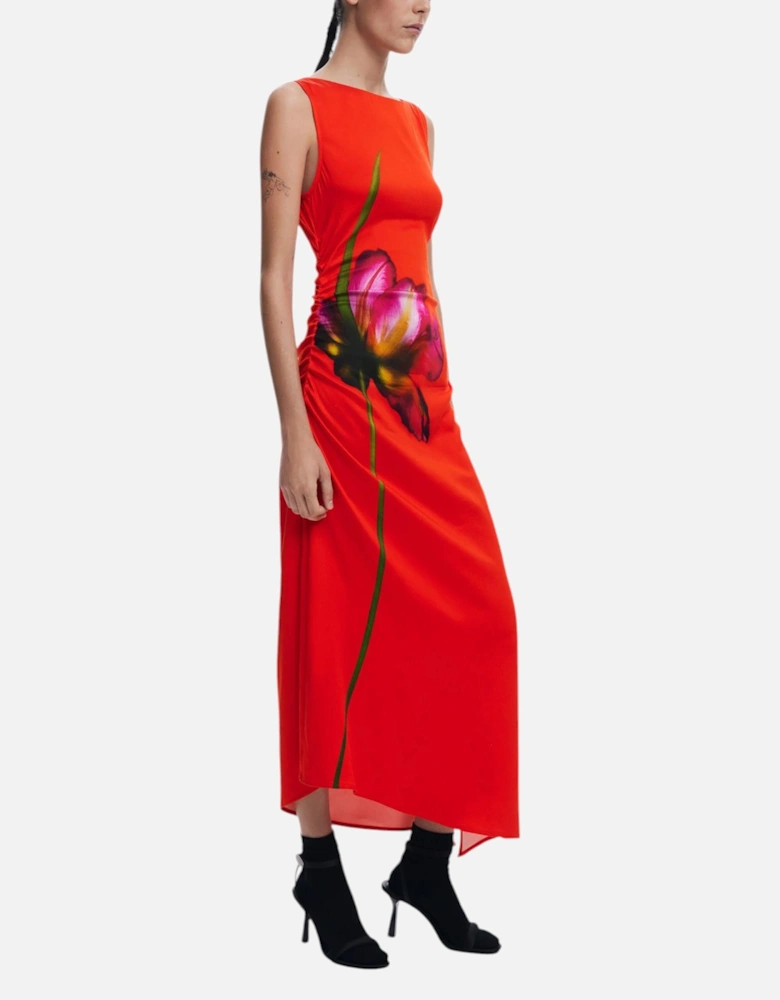 Floral Sleeveless Boat Neck Dress Women - Red Dresses