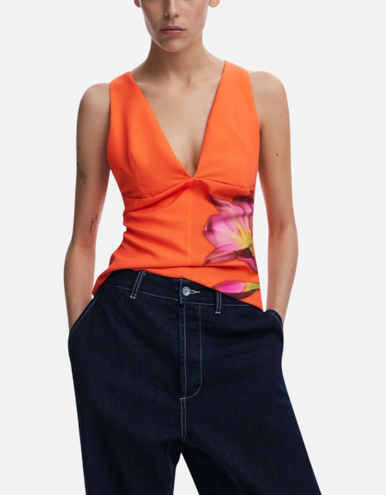 Floral Sleeveless V-Neck Top Women - Orange