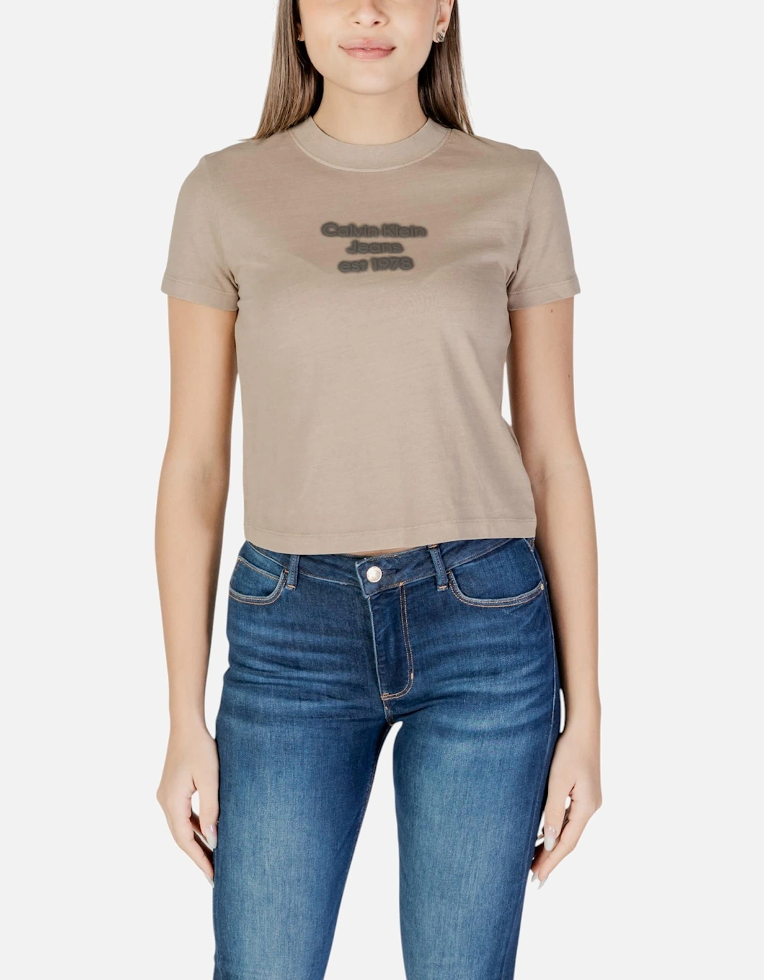 Round Neck Short Sleeve Cotton T-Shirt Women - Beige Shirts, 4 of 3