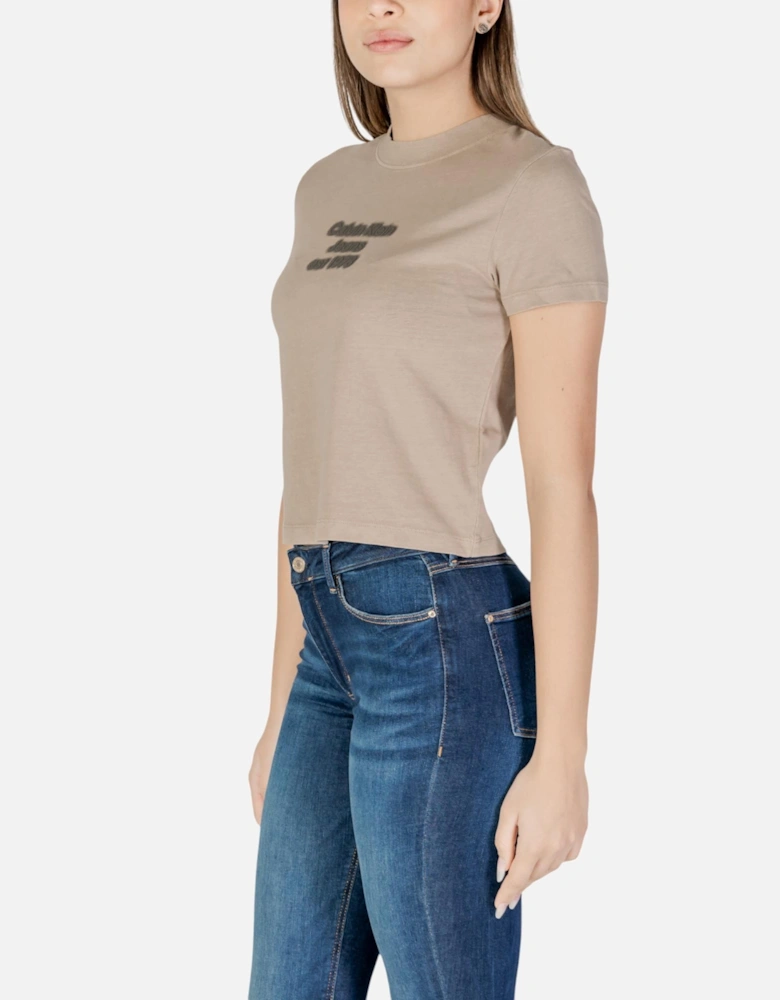 Round Neck Short Sleeve Cotton T-Shirt Women - Beige Shirts