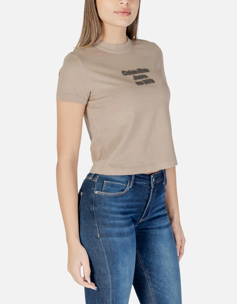 Round Neck Short Sleeve Cotton T-Shirt Women - Beige Shirts