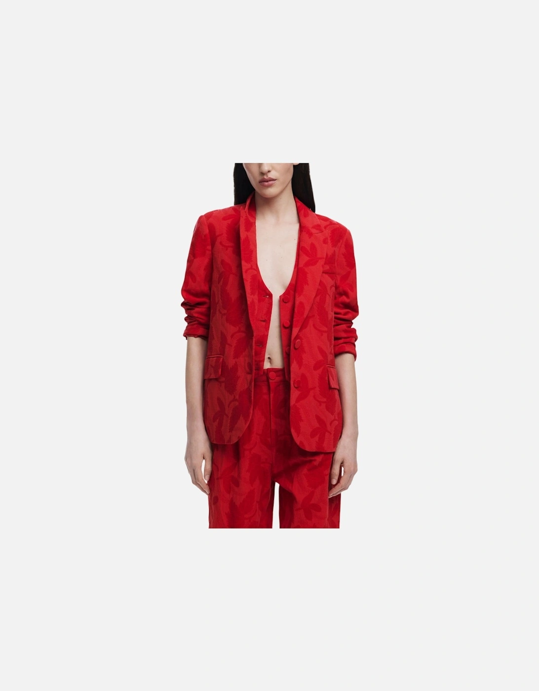 Plain Lapel Collar Buttoned Blazer Women - Red, 4 of 3