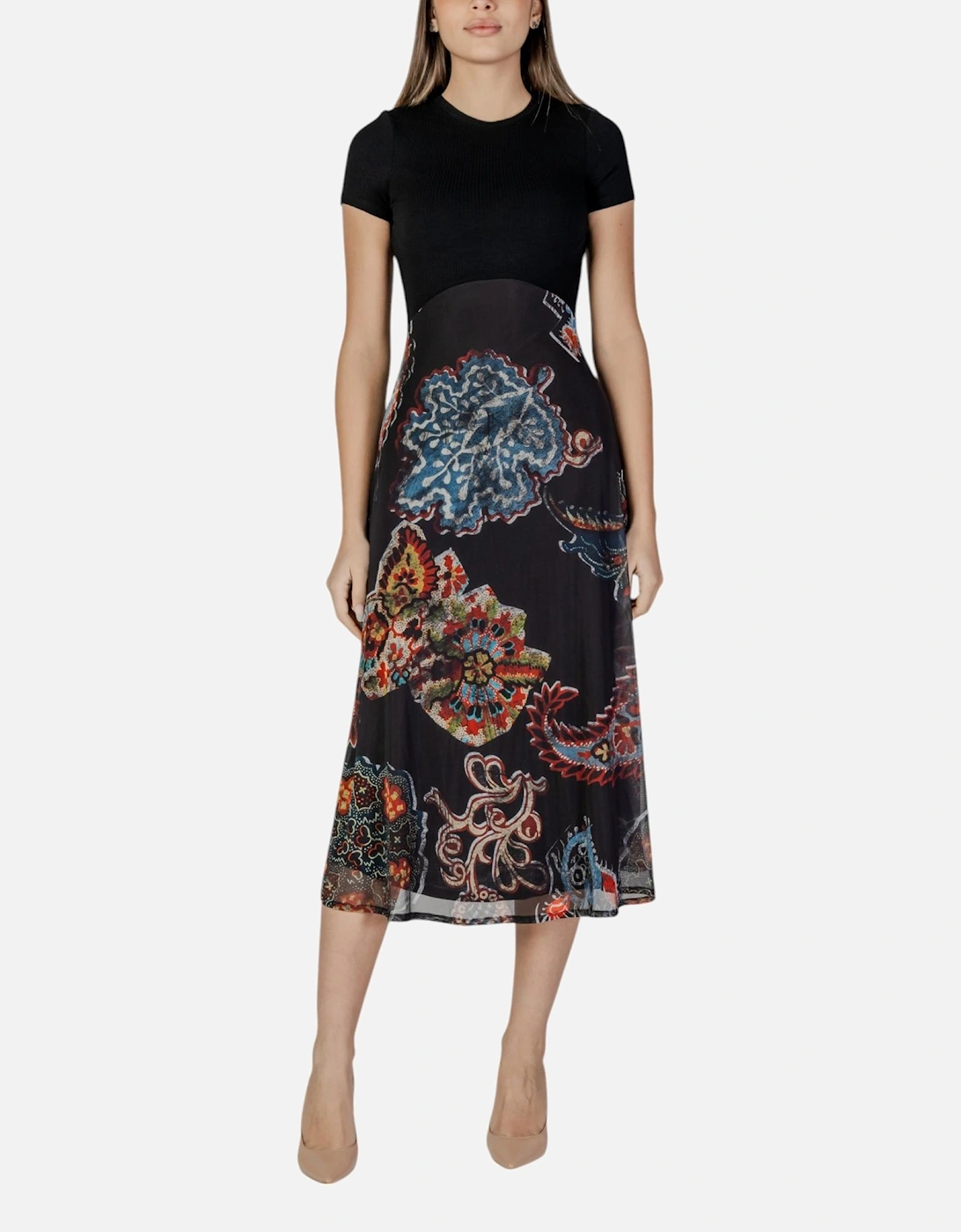 Printed Slip-On Dress with Short Sleeves Women - Black Dresses, 3 of 2