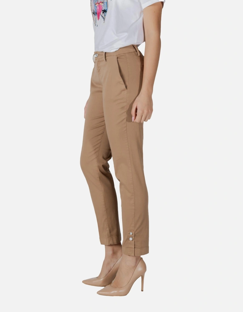 Plain Zip and Button Trousers with Pockets Women - Beige Pants