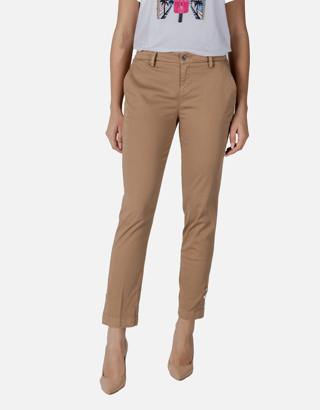 Plain Zip and Button Trousers with Pockets Women - Beige Pants, 4 of 3
