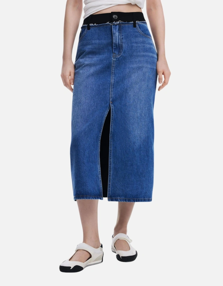 Plain Zip and Button Skirt Women - Blue