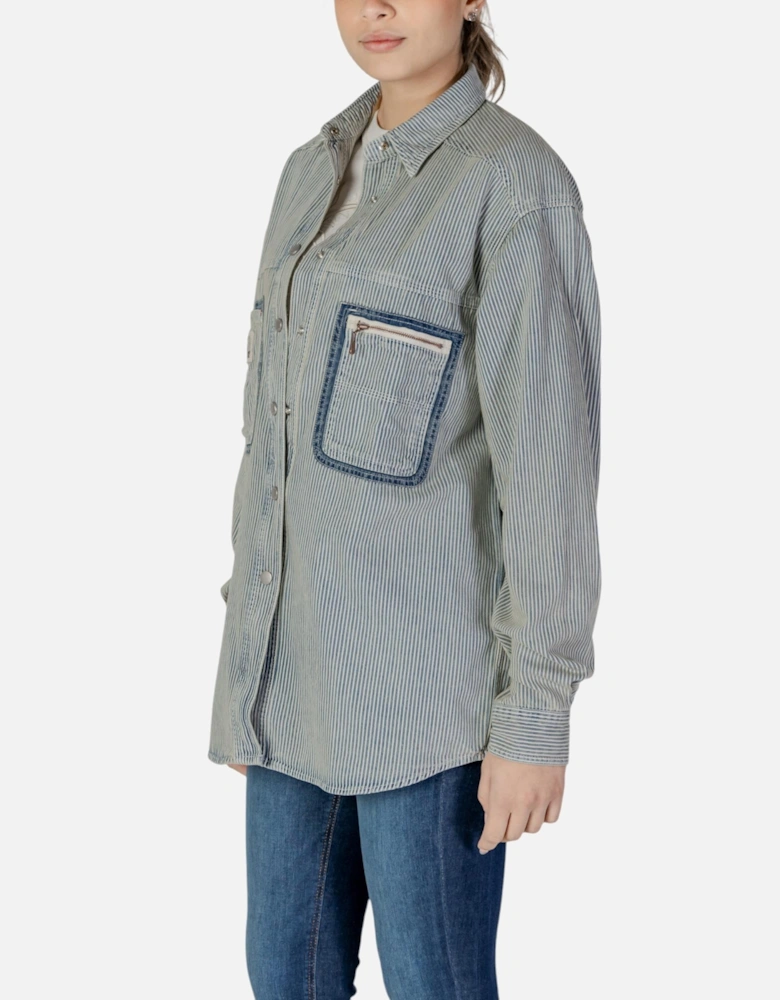 Pinstripe Long Sleeve Cotton Shirt Women - Blue
