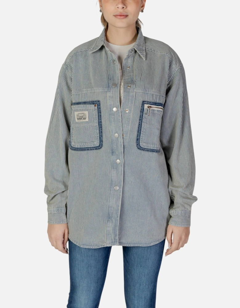 Pinstripe Long Sleeve Cotton Shirt Women - Blue