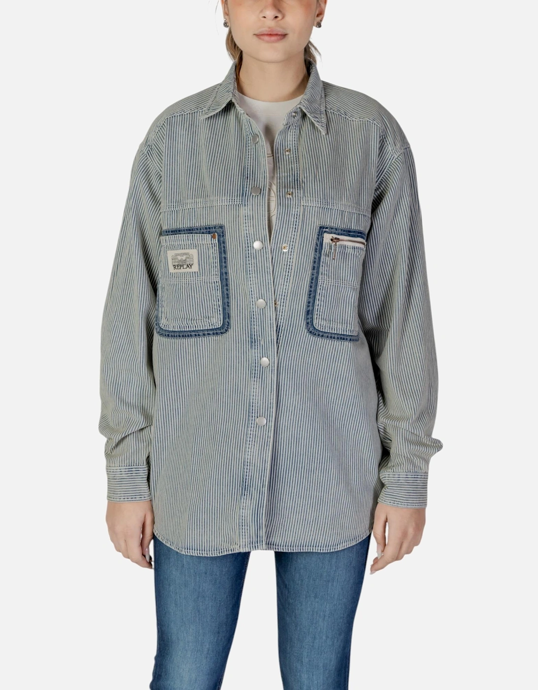Pinstripe Long Sleeve Cotton Shirt Women - Blue, 4 of 3