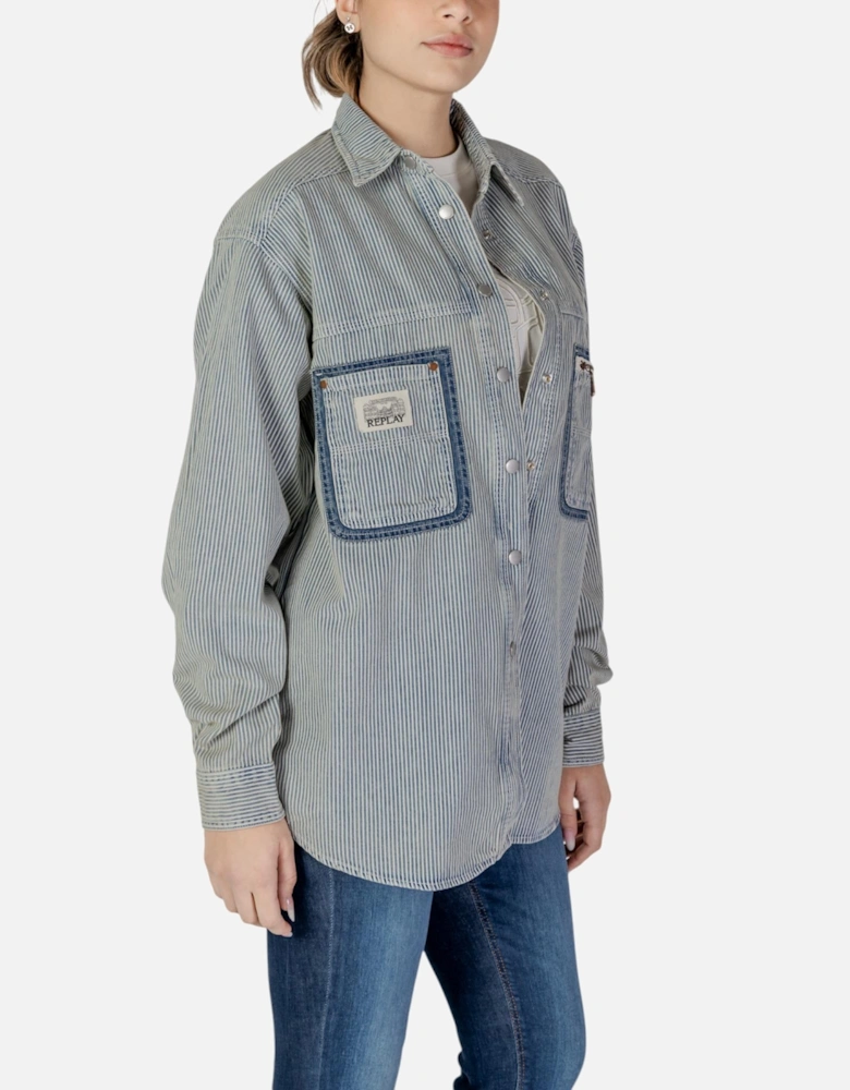 Pinstripe Long Sleeve Cotton Shirt Women - Blue