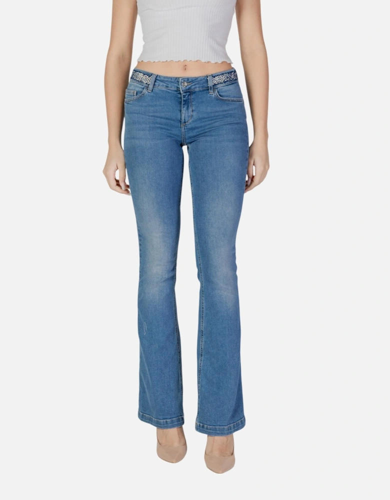 Plain Pattern Zip and Button Jeans Women - Blue