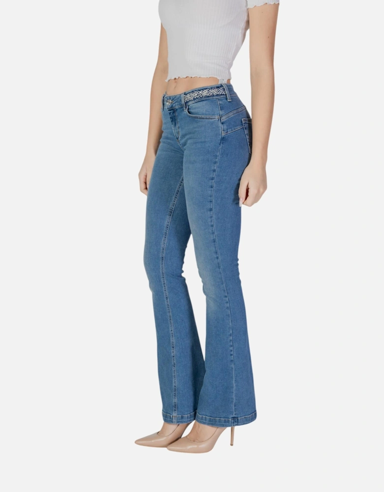 Plain Pattern Zip and Button Jeans Women - Blue