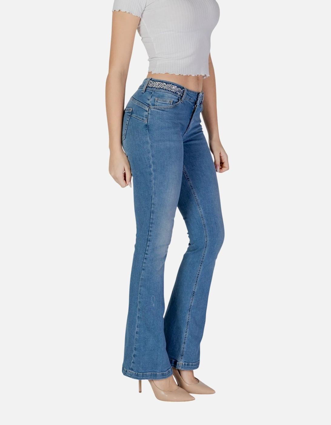 Plain Pattern Zip and Button Jeans Women - Blue