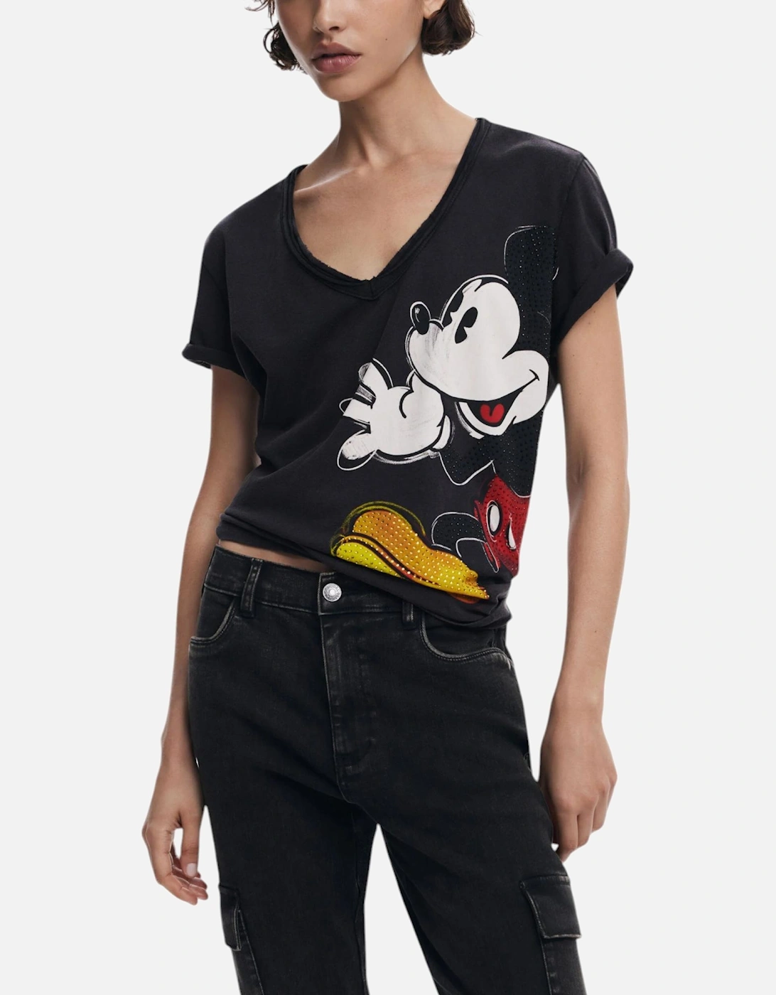 Printed V-Neck Cotton T-Shirt Women - Black Shirts, 4 of 3
