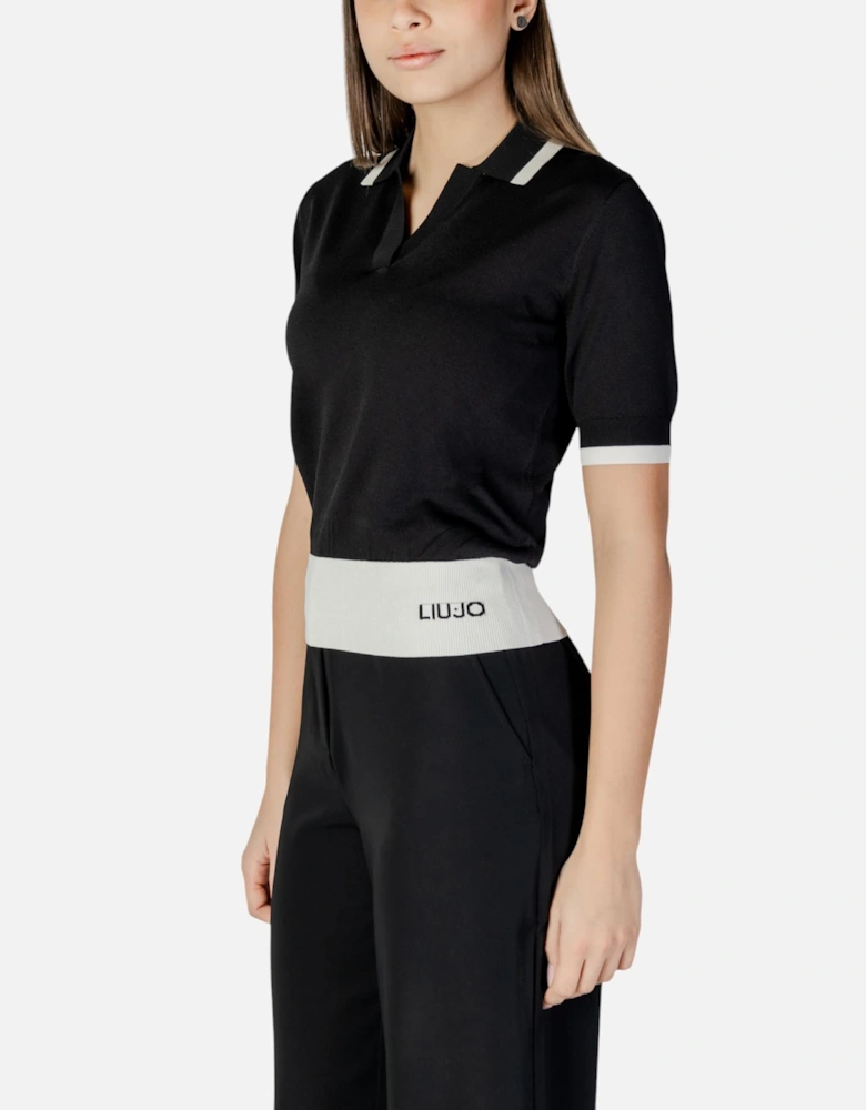 V-Neck Polo Short Sleeve T-shirt Women - Black Shirts