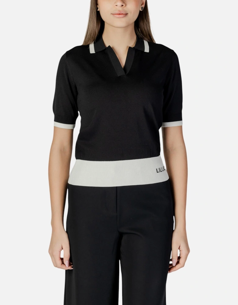 V-Neck Polo Short Sleeve T-shirt Women - Black Shirts