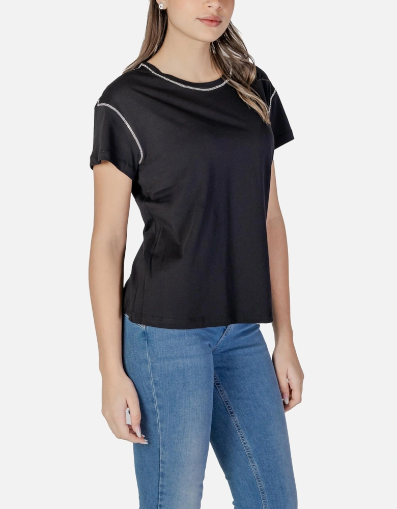 Rhinestone Embellished Short Sleeve Round Neck T-Shirt Women - Black