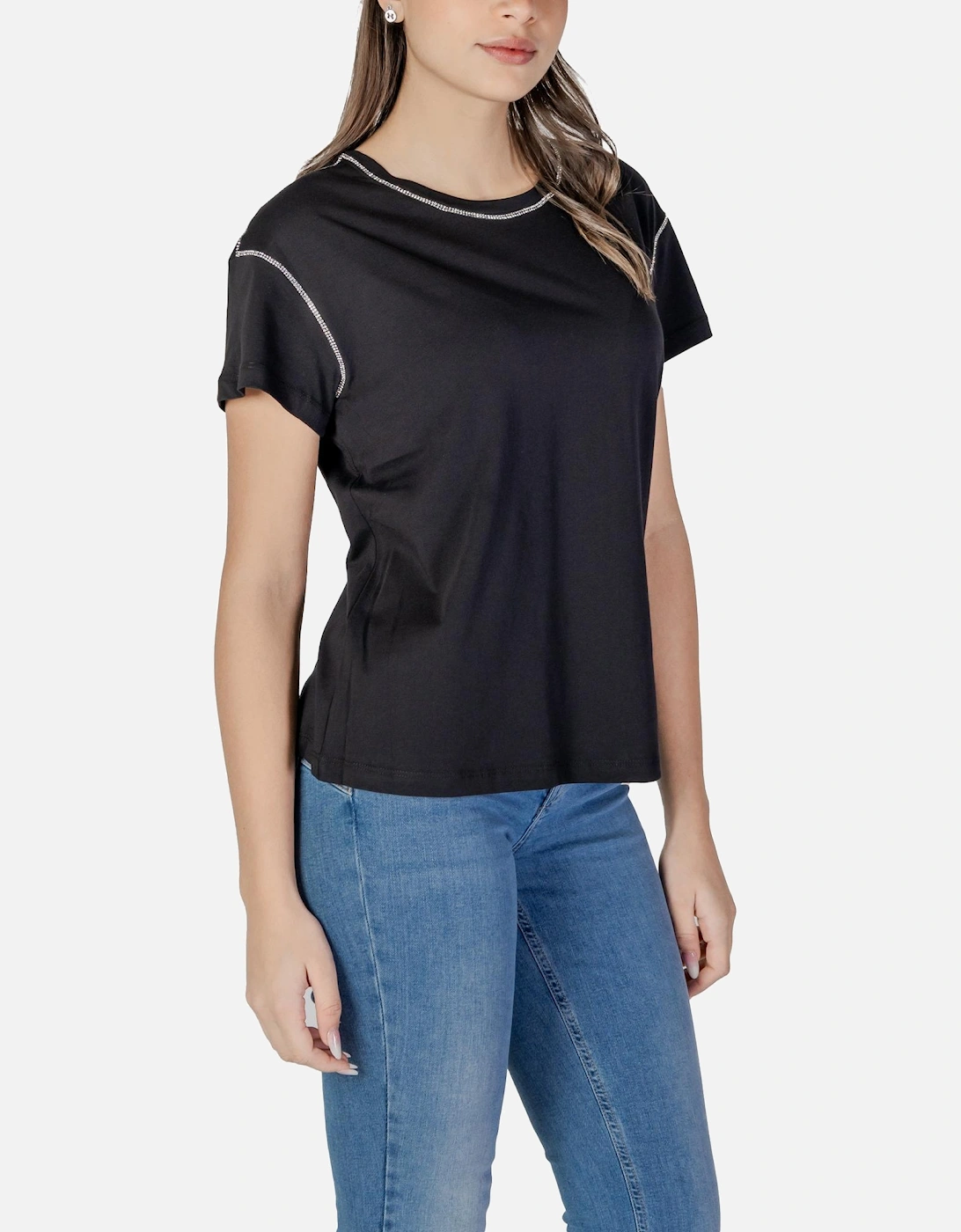 Rhinestone Embellished Short Sleeve Round Neck T-Shirt Women - Black