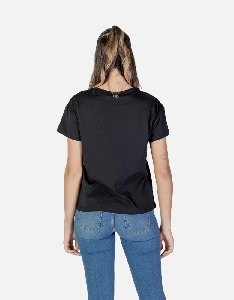 Rhinestone Embellished Short Sleeve Round Neck T-Shirt Women - Black