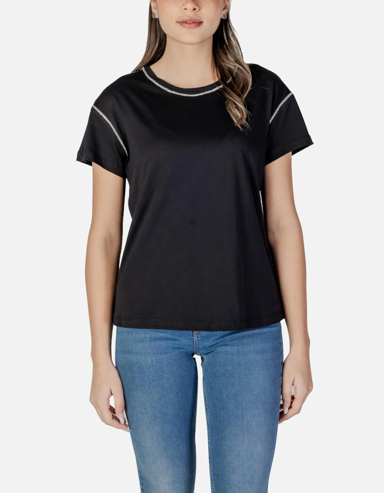 Rhinestone Embellished Short Sleeve Round Neck T-Shirt Women - Black
