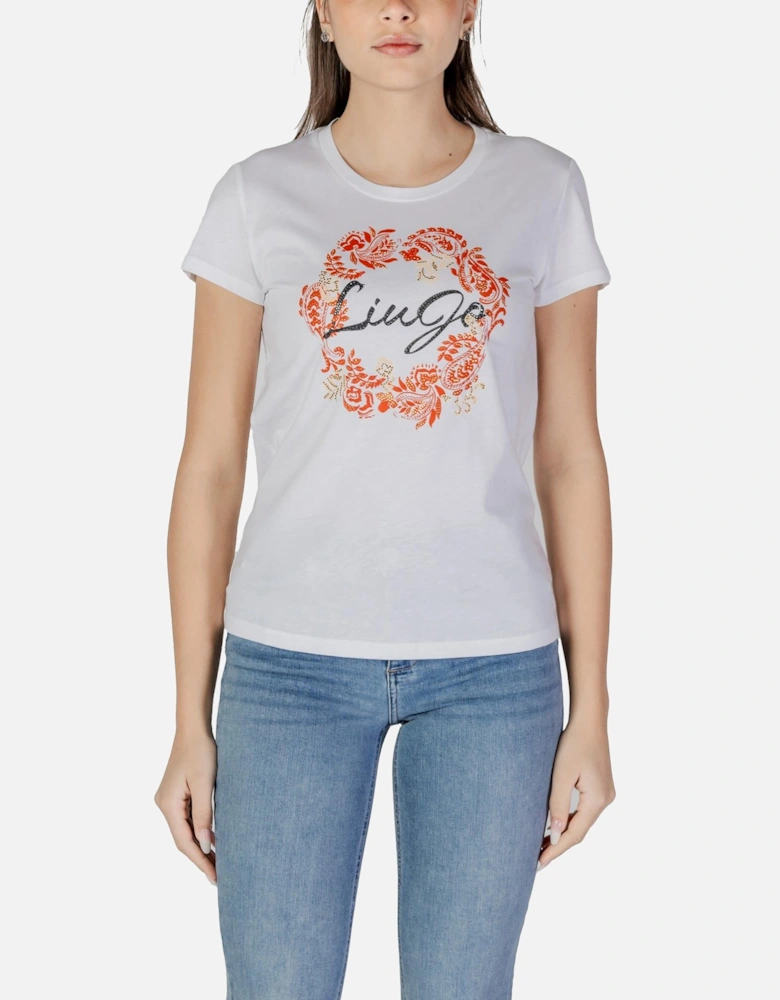 Printed Cotton T-Shirt with Round Neck Women - White Shirts