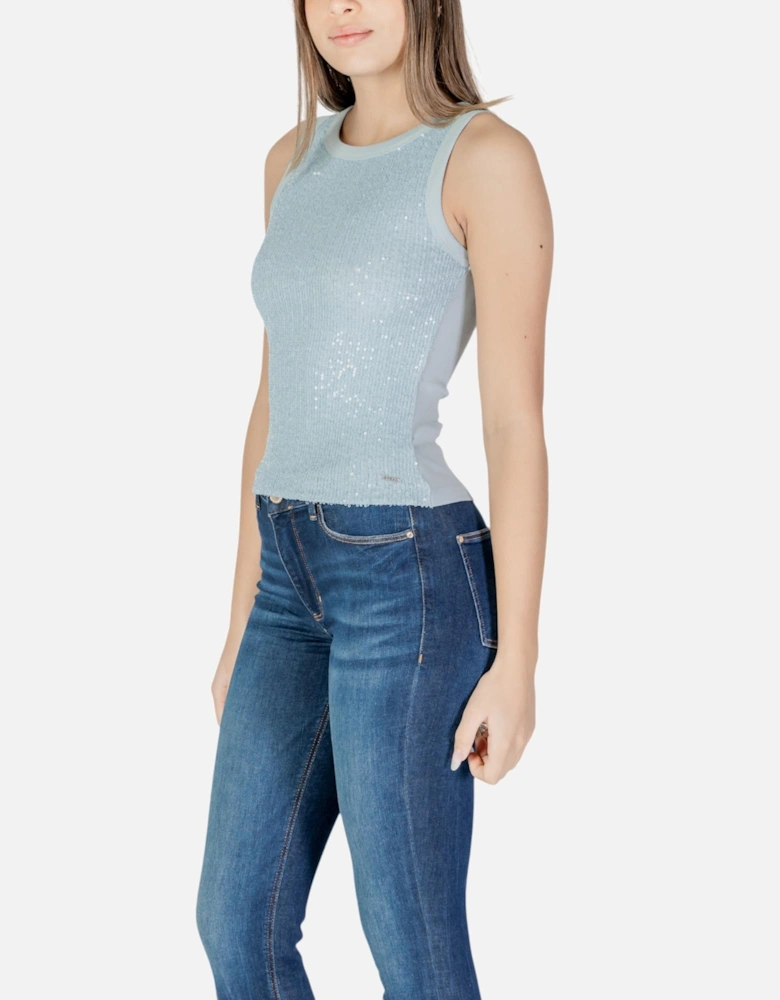 Sleeveless Round Neck Tank-Top with Paillettes Women - Light Blue Tops