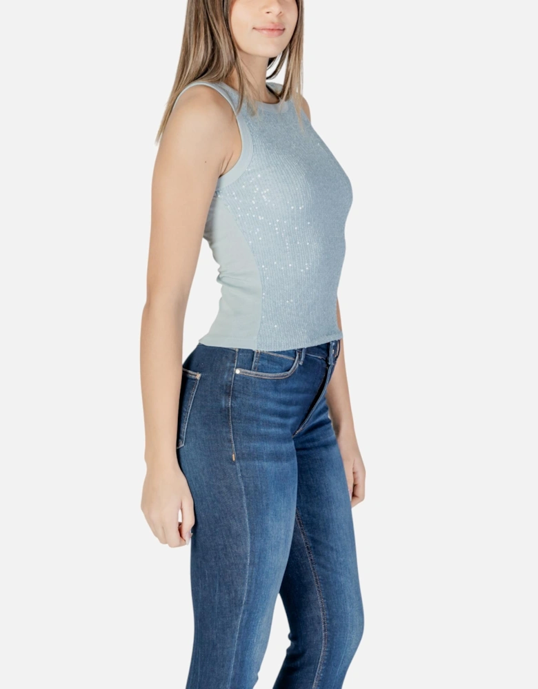 Sleeveless Round Neck Tank-Top with Paillettes Women - Light Blue Tops