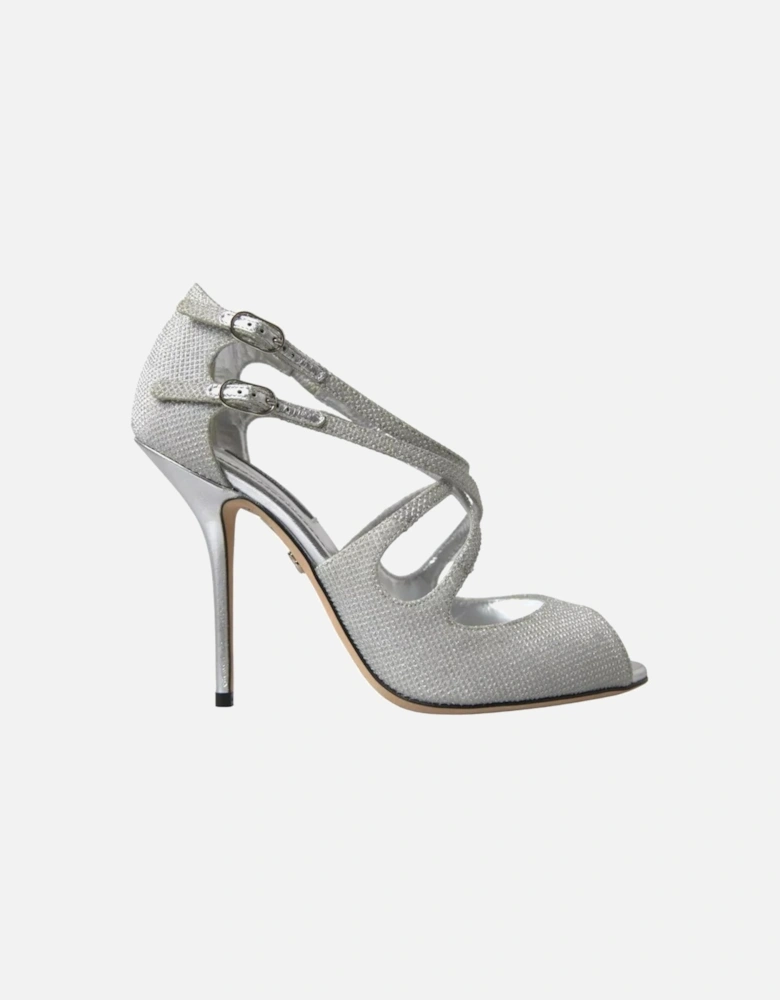 Shiny Silver High-Heeled Sandals with Adjustable Straps and Logo