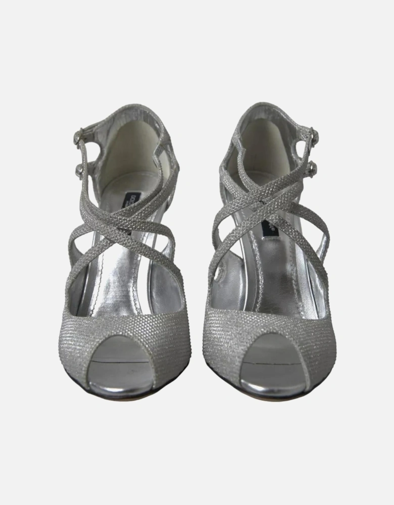 Shiny Silver High-Heeled Sandals with Adjustable Straps and Logo