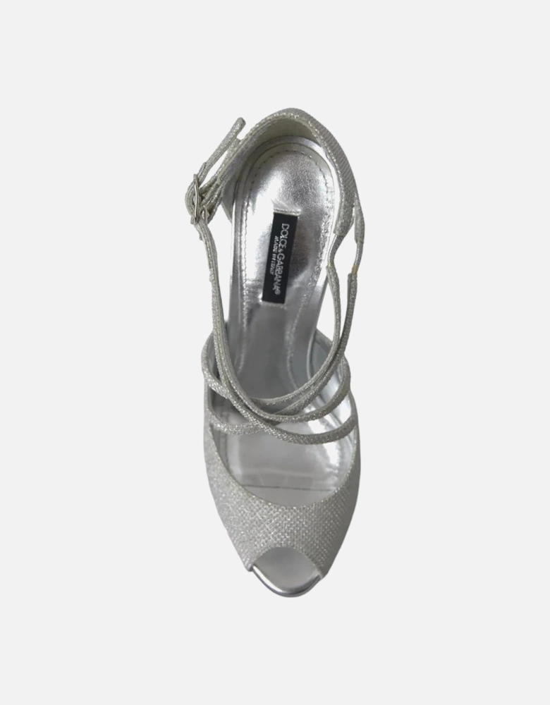 Shiny Silver High-Heeled Sandals with Adjustable Straps and Logo