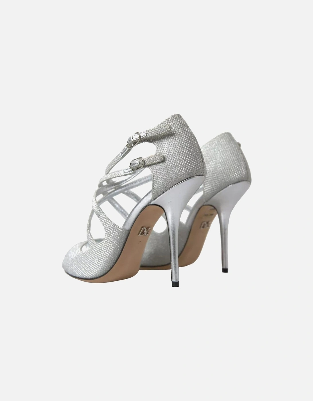 Shiny Silver High-Heeled Sandals with Adjustable Straps and Logo