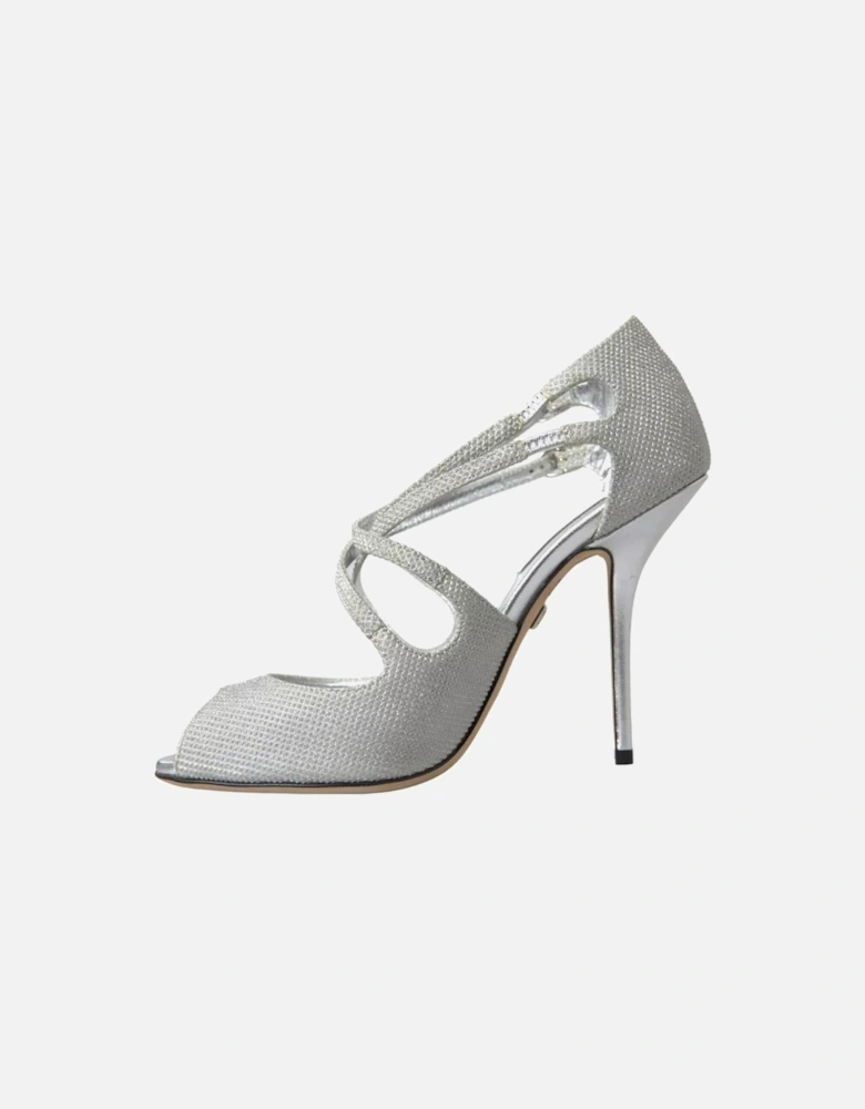 Shiny Silver High-Heeled Sandals with Adjustable Straps and Logo