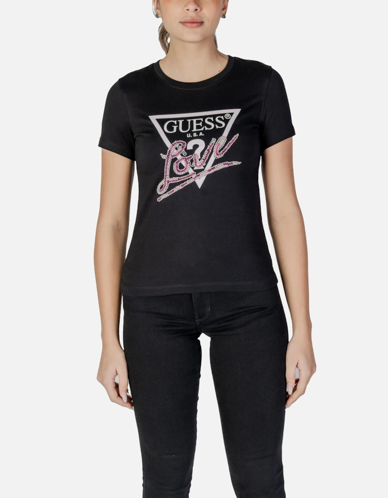 Printed Short Sleeve Round Neck T-shirt Women - Black Shirts