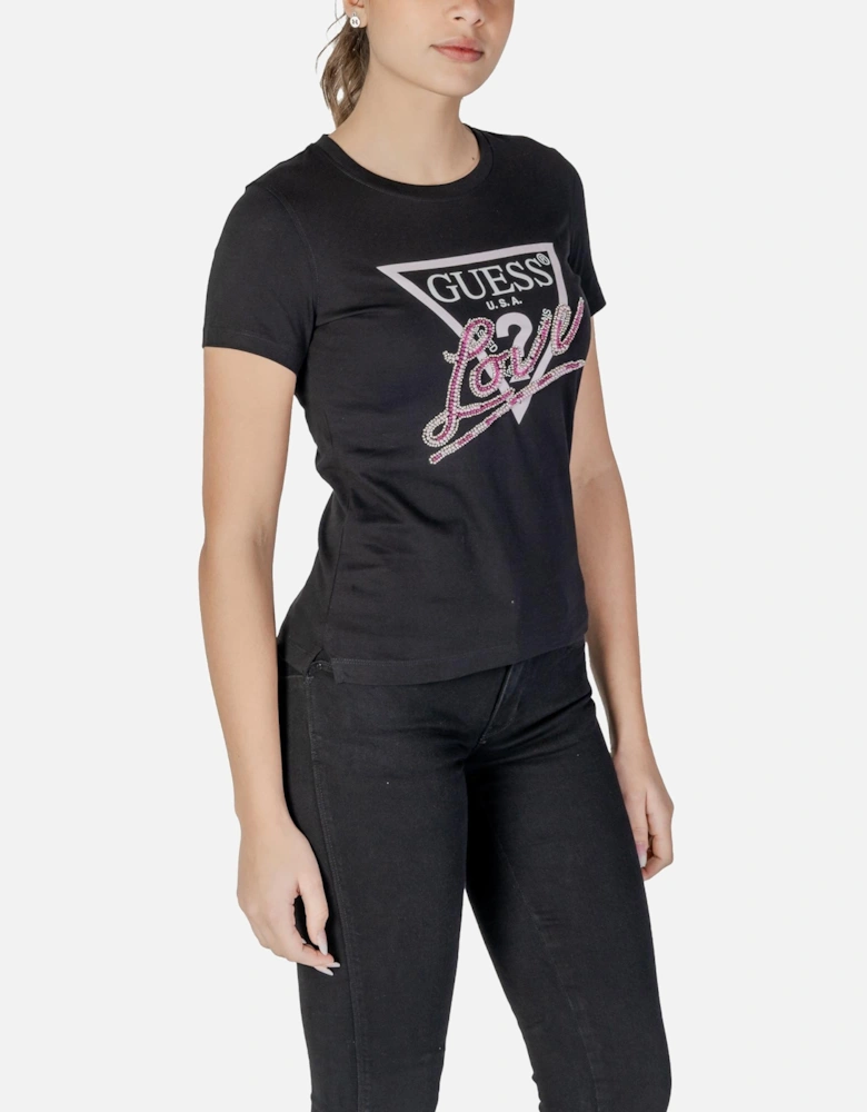 Printed Short Sleeve Round Neck T-shirt Women - Black Shirts