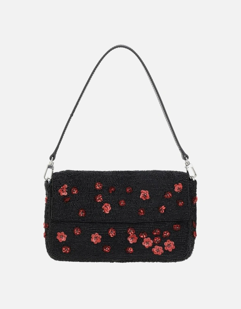 Beaded Floral Sequin Shoulder Bag with Removable Strap Women - Black