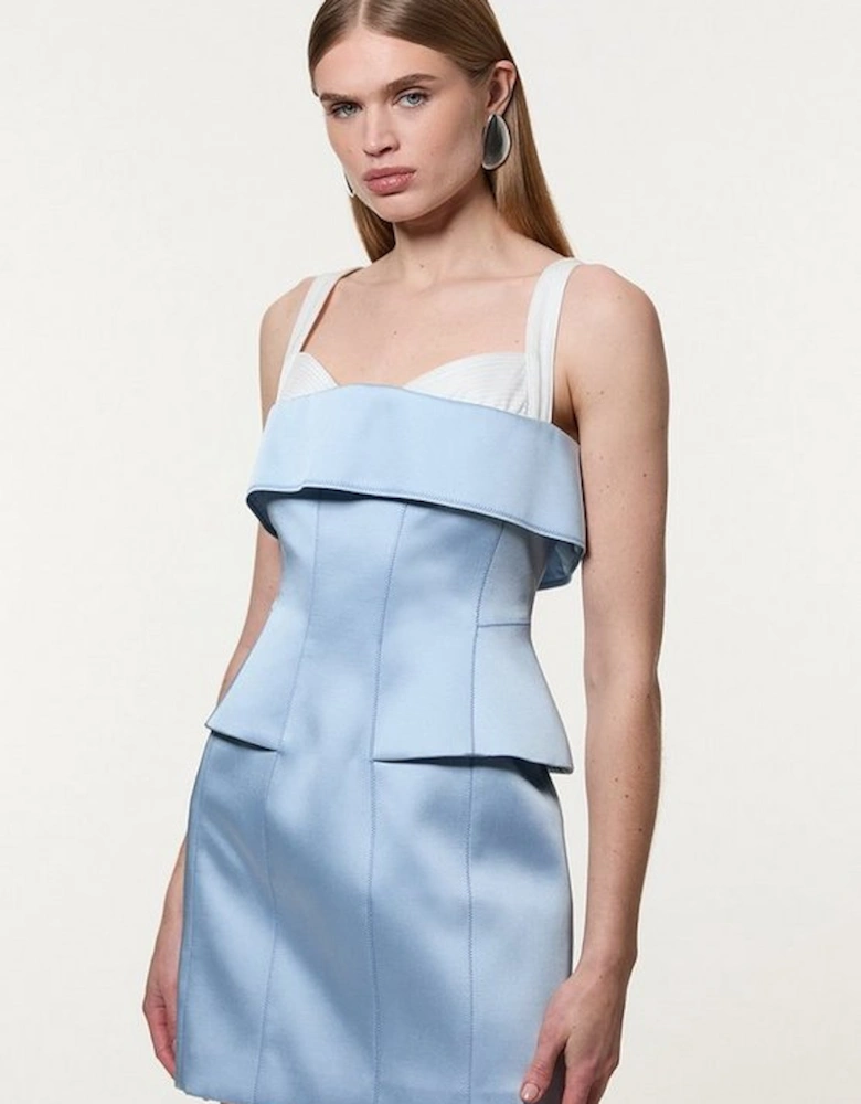 Structured Viscose Satin Stitch Detail Tailored Peplum Mini Dress