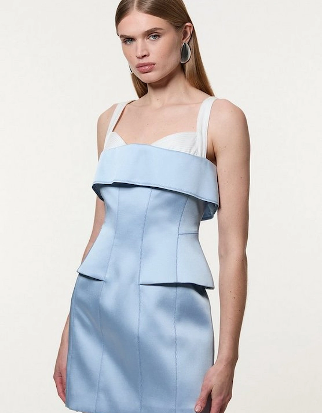 Structured Viscose Satin Stitch Detail Tailored Peplum Mini Dress, 5 of 4