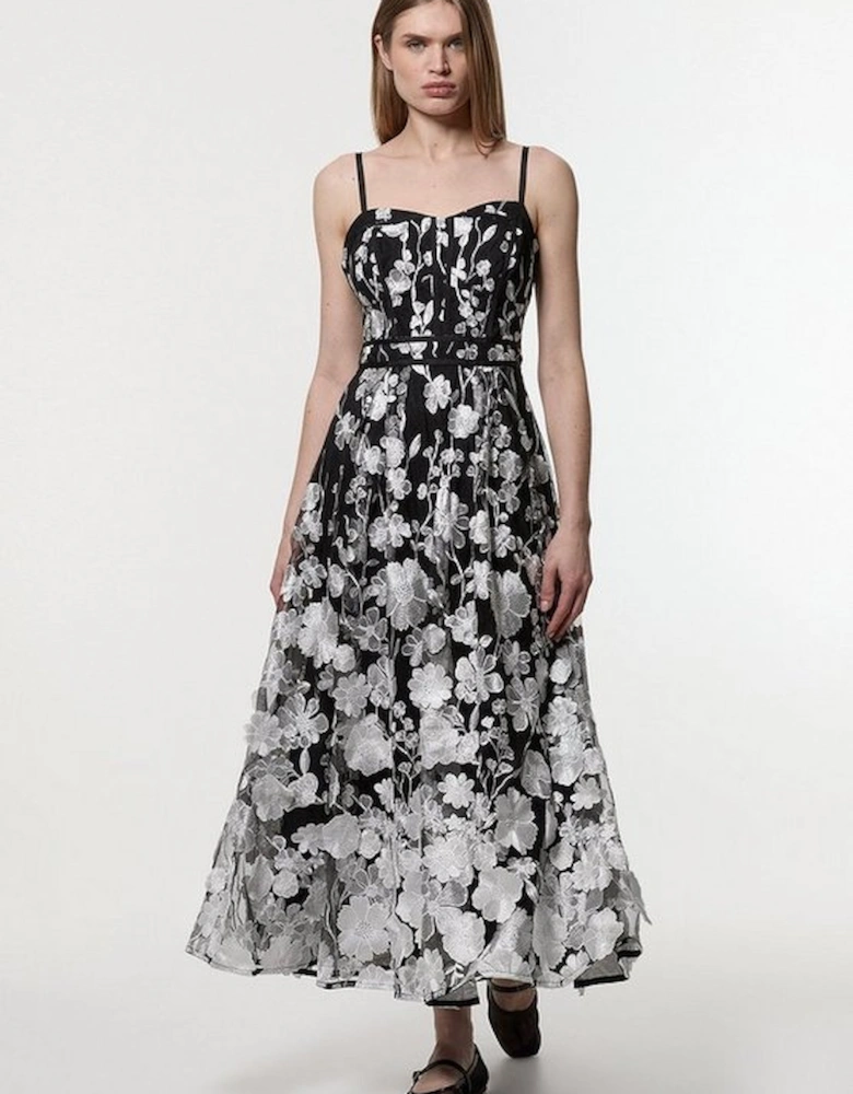 Floral Applique Corset Detail Woven Midi Dress