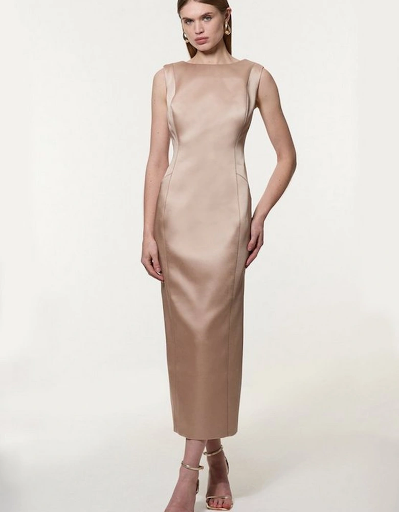 Structured Viscose Satin Stitch Detail Tailored Pencil Maxi Dress