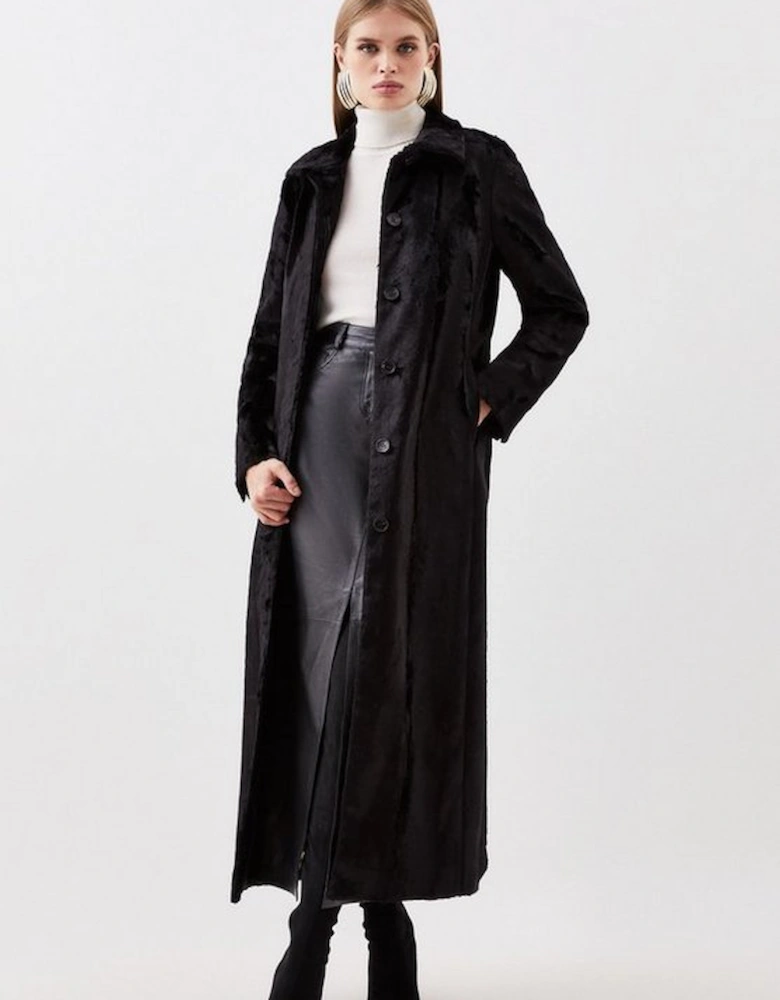 Signature Faux Ponyskin Texture Collared Midi Coat