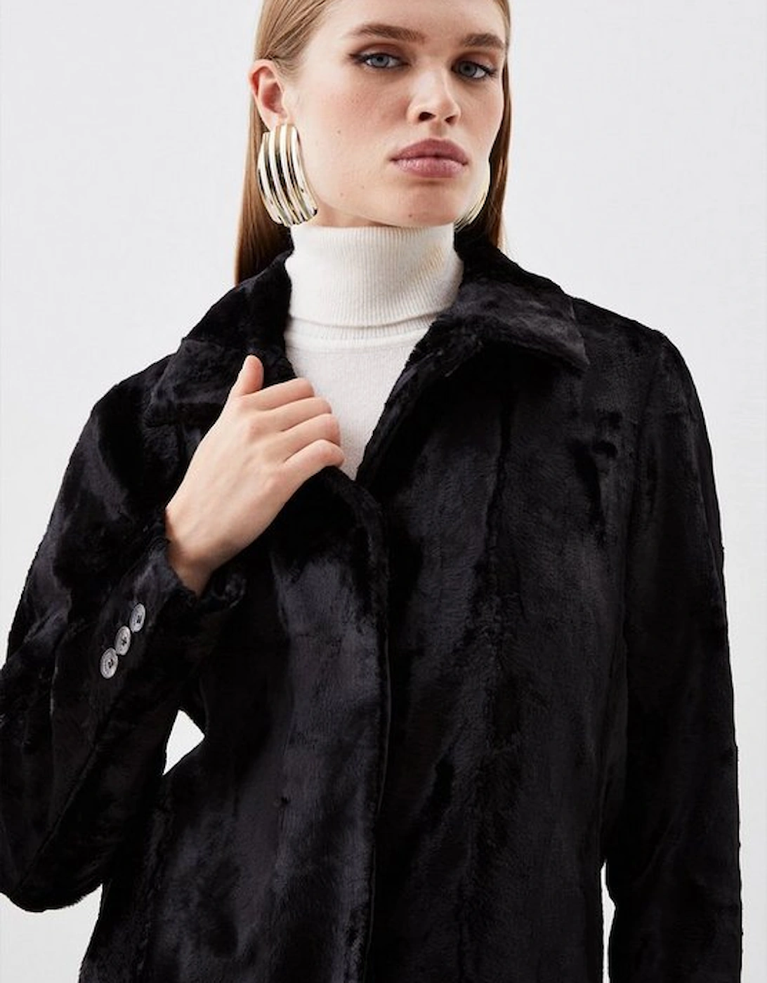 Signature Faux Ponyskin Texture Collared Midi Coat