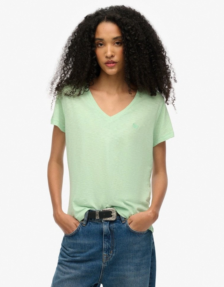 Women's Slub Embroidered V-neck T-shirt Hemlock Green