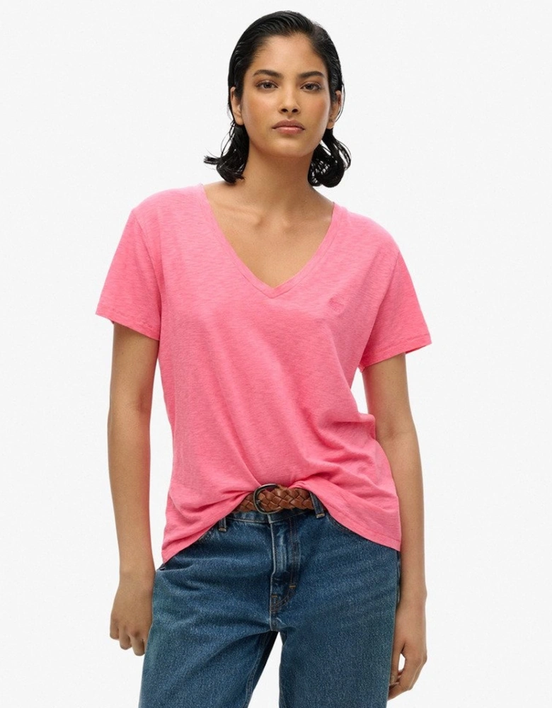 Women's Slub Embroidered V-neck T-shirt Azalea Pink